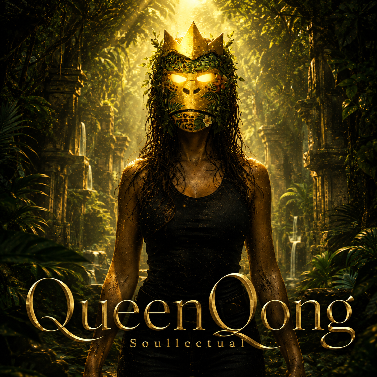 QueenQong cover artwork — a masked figure in a golden crown standing in a sunlit jungle temple