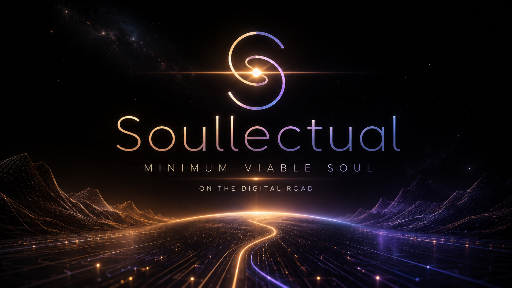 Minimum Viable Soul artwork — a glowing digital road stretching through a starlit wireframe landscape