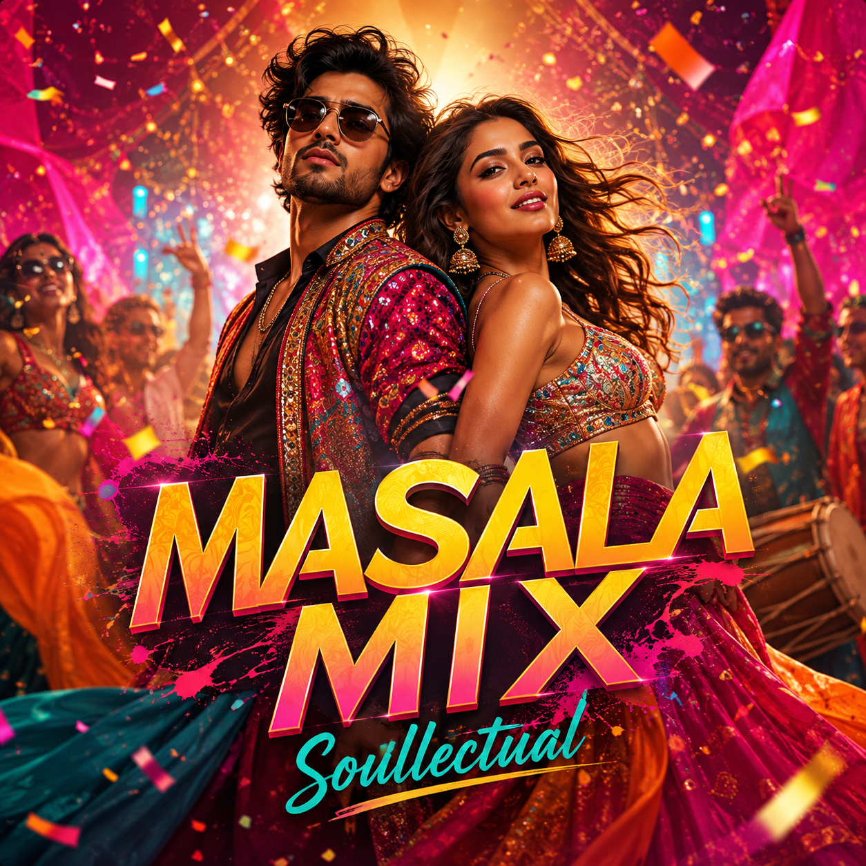 Masala Mix artwork — a dancing couple in vivid Bollywood colour beneath bold gold Masala Mix lettering