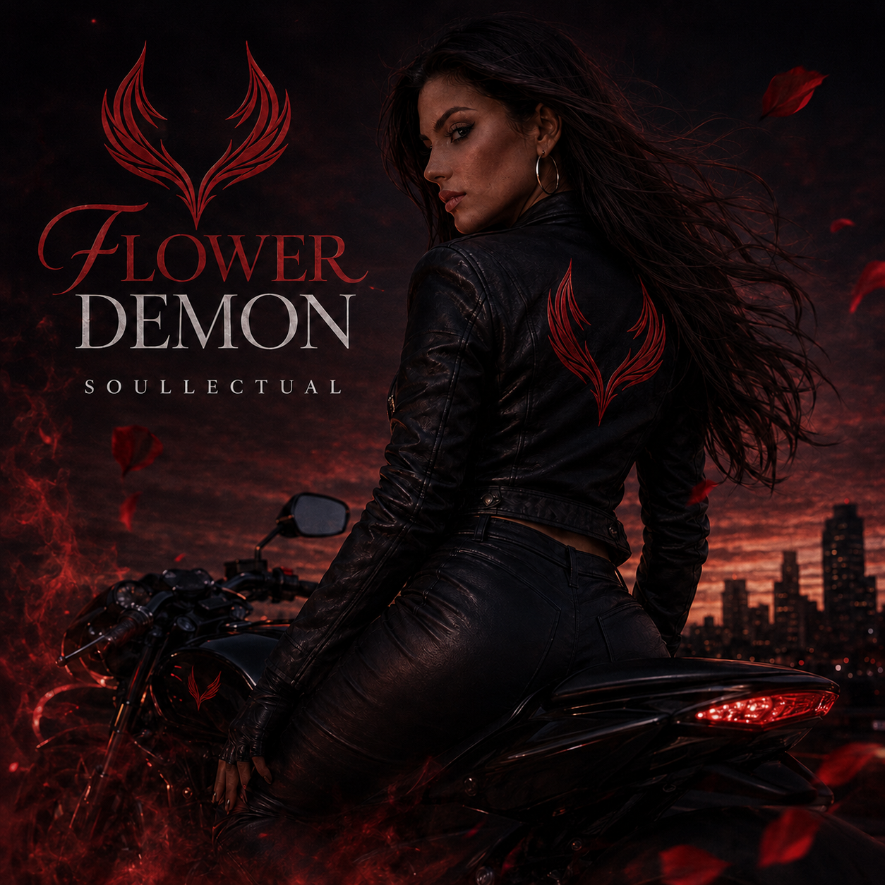Flower Demon artwork — a woman in black leather on a motorcycle against a burning red city skyline, with crimson petals and the Flower Demon wordmark