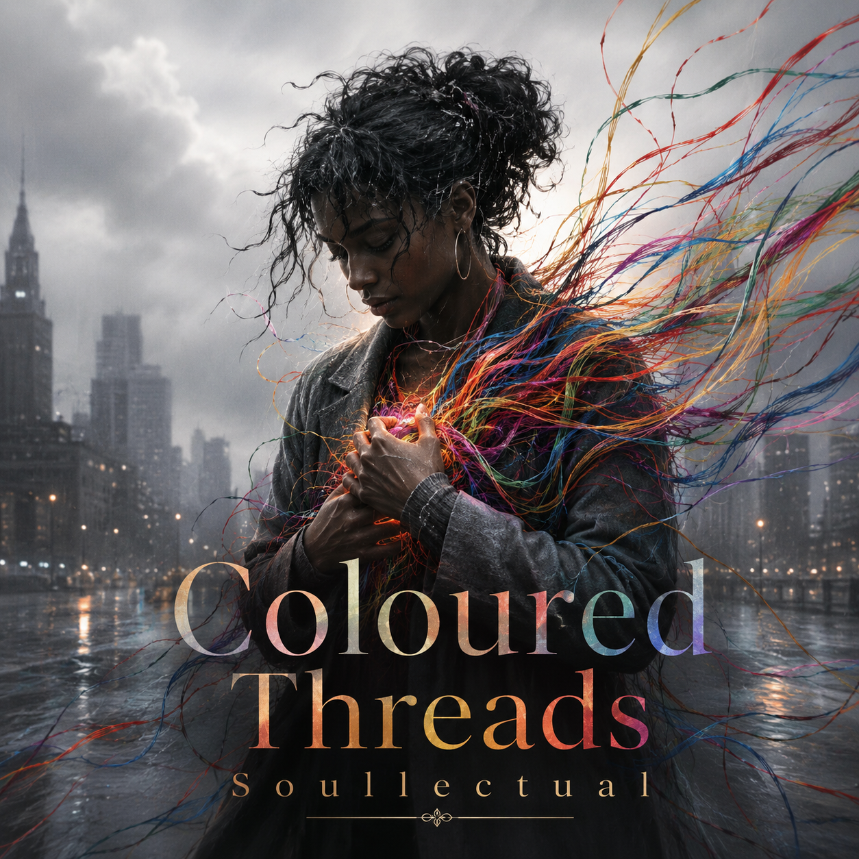 Coloured Threads artwork — a woman on a rainy night street with vibrant multi-coloured threads swirling from her chest