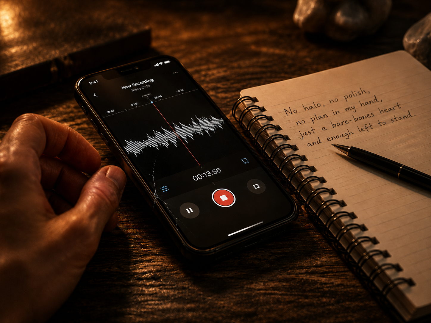 A warm, cinematic writing desk scene with a voice-recording phone, a cracked screen, and a notebook showing handwritten lyrics.